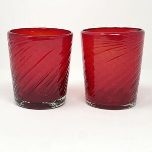 Handblown VALENCIA Garnet Ruby Red Optic Twist Tumbler Glasses 3.75” Set Of 2